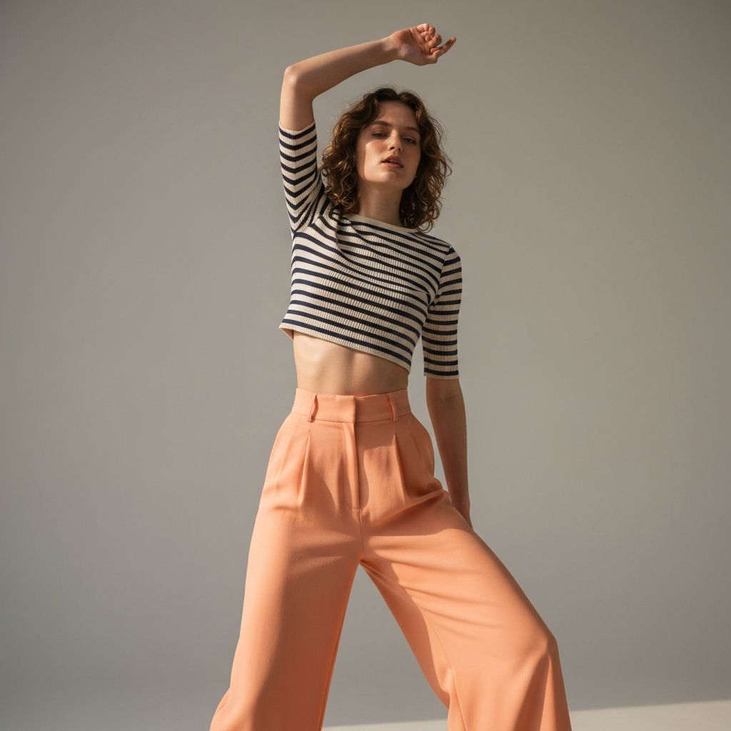 Model in striped top and peach pants